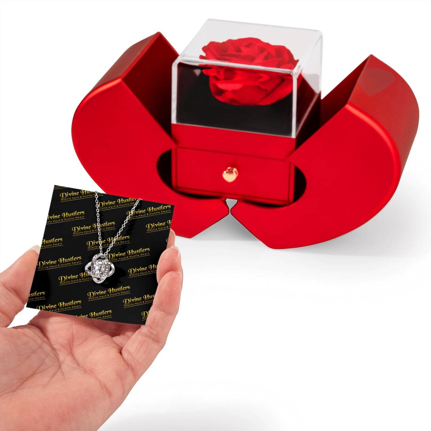 DH Love Knot Necklace with Red Heart Rose Box